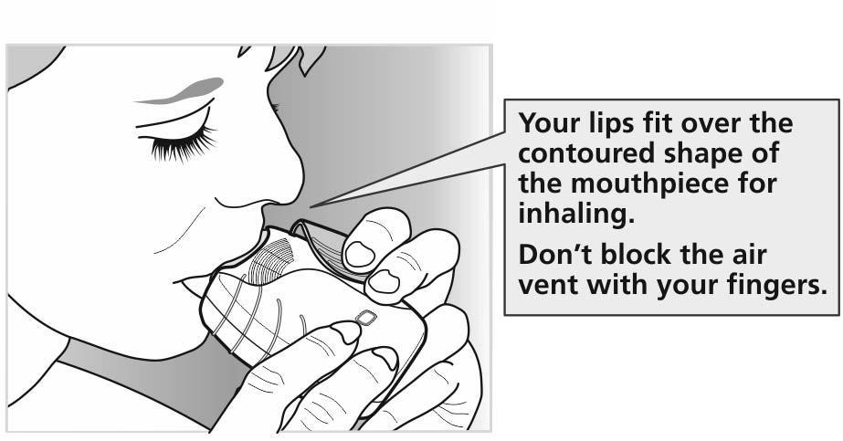 2) Εισπνεύστε το φάρμακο σας Ενώ κρατάτε τη συσκευή εισπνοών μακριά από το στόμα σας, εκπνεύστε στο βαθμό που αισθάνεστε άνετα. Μην εκπνέετε μέσα στη συσκευή.