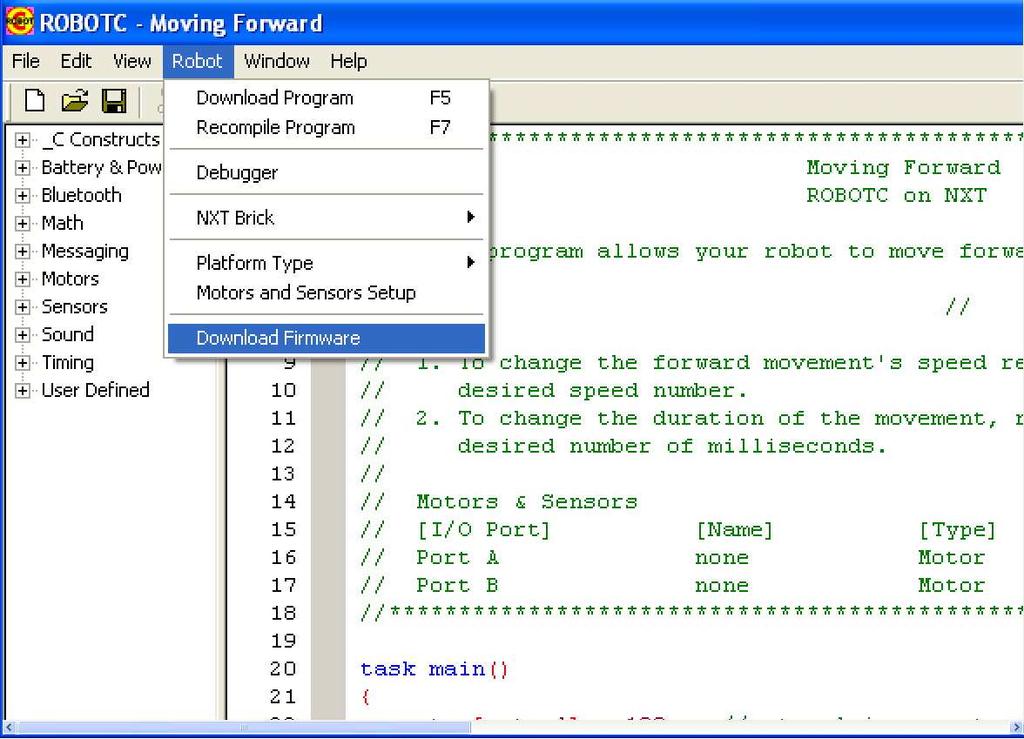 Εικόνα 5.6 Download firmware 2.Από τότε που η RobotC φτιάχτηκε για το NXT,εµφανίζεται η οθόνη «NXT Brick Downloading».