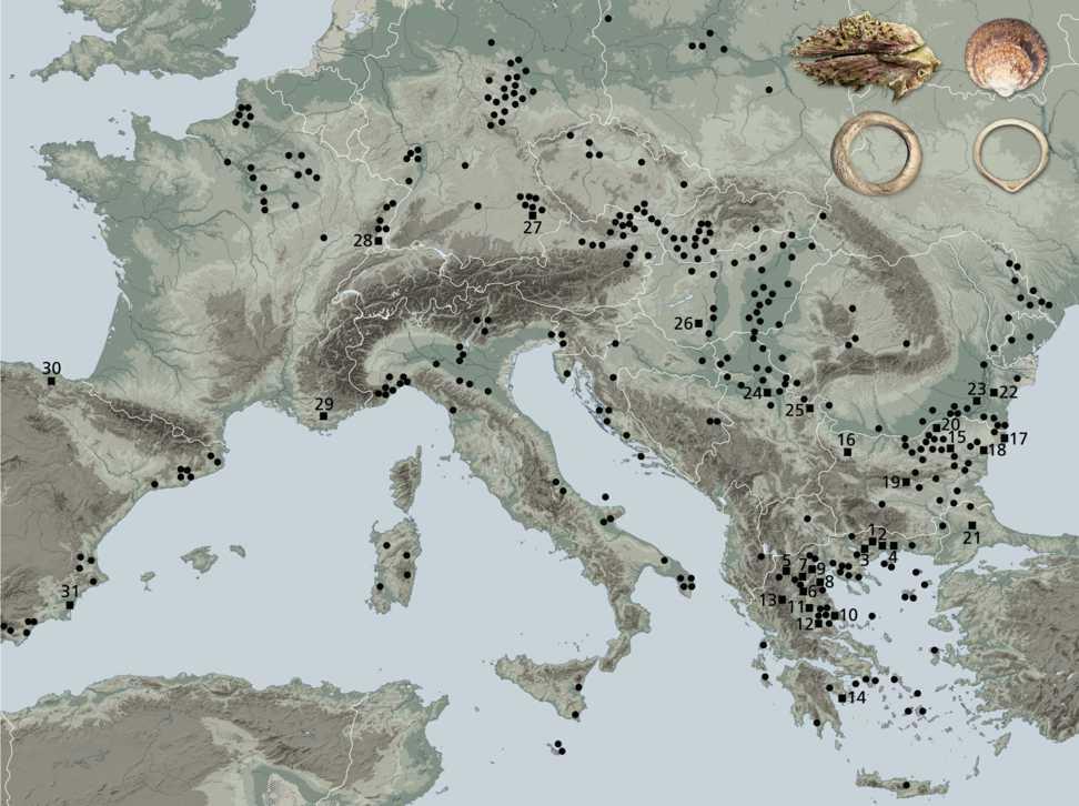Εικ. 2. Παρουσία Spondylus και Glycymeris αντικειμένων στη νεολιθική Ευρώπη.