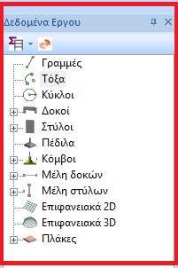 Η εμφάνιση των ιδιοτήτων (Εικόνες 7Β, 9) κάθε στοιχείου είναι δυνατή είτε άμεσα επιλέγοντας το ίδιο το στοιχείο είτε έμμεσα επιλέγοντας την αντίστοιχη κατηγορία από το δέντρο που εμφανίζεται στην