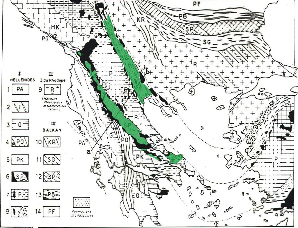 Διδακτορική διατριβή 13 Σχ. 2. Γεωτεκτονικό σχήμα των Ελληνίδων και η σχέση τους με τις γειτονικές περιοχές (κατά Brunn 1961). Ι. Διναρικός κλάδος: Ελληνίδες.