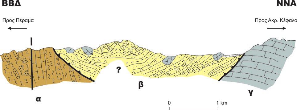148 Διδακτορική διατριβή Β4.8. Η περιοχή Περάματος-Φτελιού-Τάρτης Σχ. 133: Γεωλογική τομή στην περιοχή Πέραμα - Φτελί - Τάρτι.
