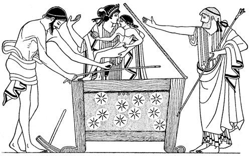 APOLODORO, BIBLIOTECA (II, 4, 1). Perseo ὁ Ἀκρίσιος βασιλεύς χρηστηριάζεται τῷ μαντείῳ τοῦ Ἀπόλλωνος περὶ γενέσεως παίδων ἀρρένων. ὁ θεὸς ἔφη γενέσθαι παῖδα ἐκ τῆς θυγατρός, ὃς αὐτὸν ἀποκτενεῖ.