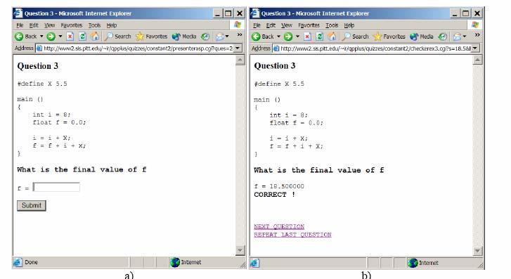 Στην παρακάτω εικόνα φαίνεται το student interface του QuizPACK.To σύστημα είναι διαθέσιμο στο site: http://www2.sis.pitt.edu/~taler/quizpack.