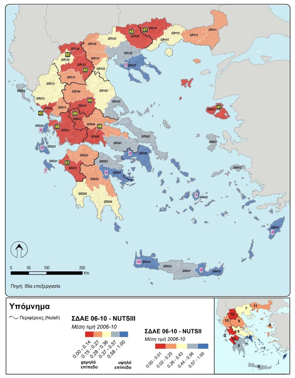 ΣΔΑΕ (επίπεδο ευημερίας 2006-2010) Κόκκινο: χαμηλό επίπεδο ευημερίας Γαλάζιο: υψηλό