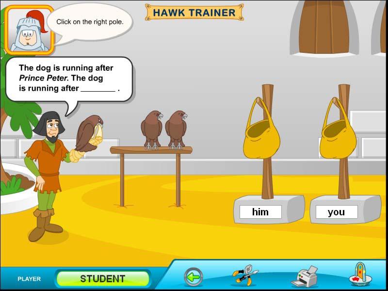 Hawk trainer Object pronouns Στην οθόνη που εµφανίζεται, ο εκπαιδευτής κρατάει στο χέρι του ένα γεράκι.