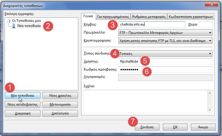 Εικόνα 43 - Ρυθμίσεις στο FileZilla 1) Πατάμε το κουμπί νέα τοποθεσία 2) Αλλάζουμε το όνομα με ένα της επιλογής μας ώστε να το θυμόμαστε.