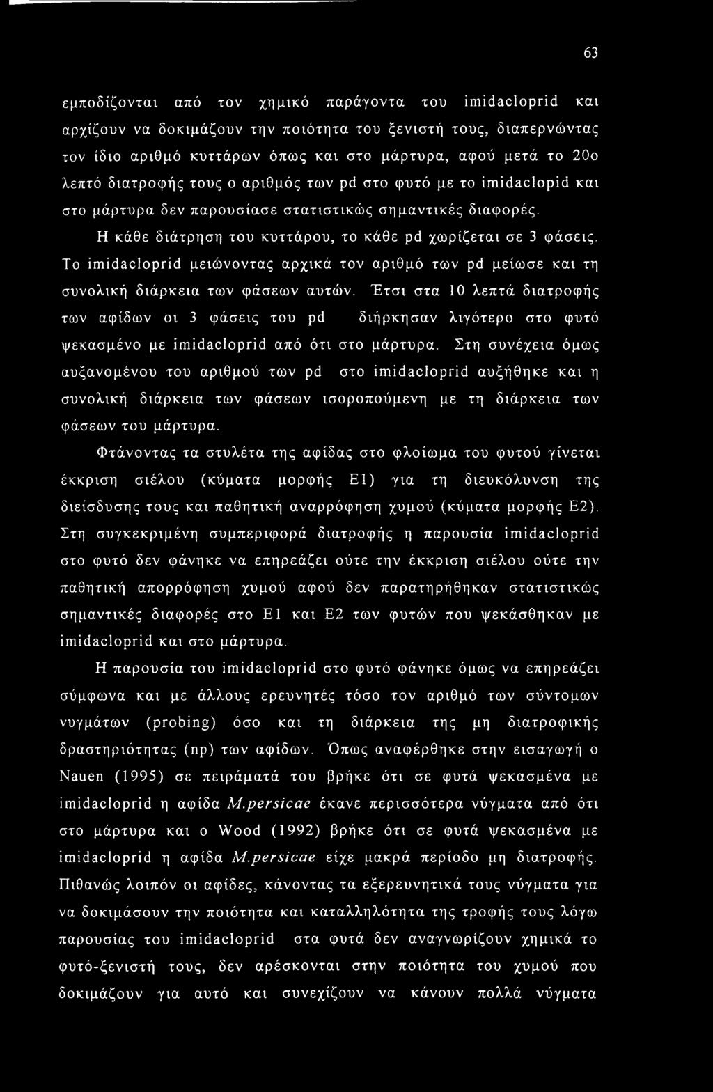 To imidacloprid μειώνοντας αρχικά τον αριθμό των pd μείωσε και τη συνολική διάρκεια των φάσεων αυτών.