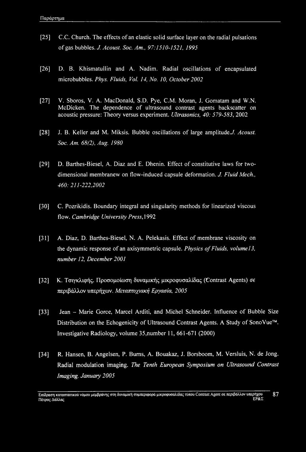 The dependence of ultrasound contrast agents backscatter on acoustic pressure: Theory versus experiment. Ultrasonics, 40: 579-583, 2002 [28] J. B. Keller and M. Miksis.