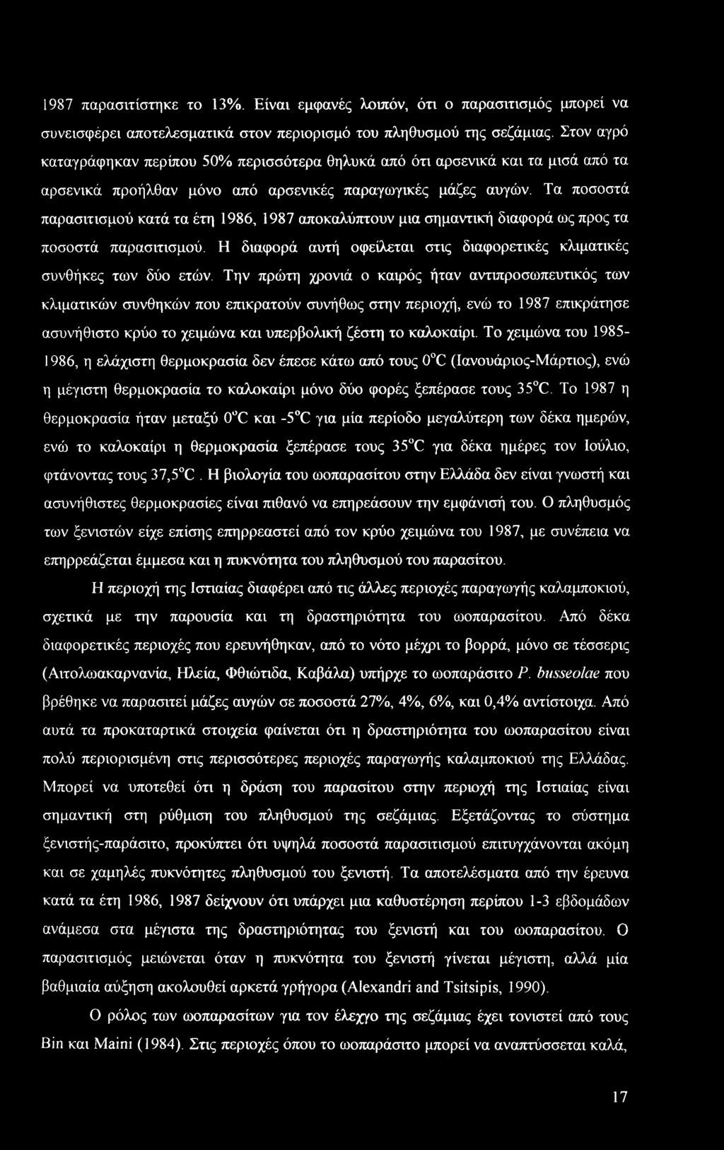 Τα ποσοστά παρασιτισμού κατά τα έτη 1986, 1987 αποκαλύπτουν μια σημαντική διαφορά ως προς τα ποσοστά παρασιτισμού. Η διαφορά αυτή οφείλεται στις διαφορετικές κλιματικές συνθήκες των δύο ετών.