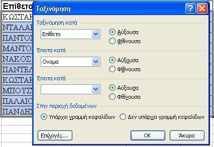 2 η Δραστηριότητα Θέλουμε να βάλουμε σε σειρά μια κατάσταση ονομάτων μαθητών του σχολείου μας. Στο Φύλλο με ονομασία Π1, επιλέξτε τα στοιχεία των μαθητών.