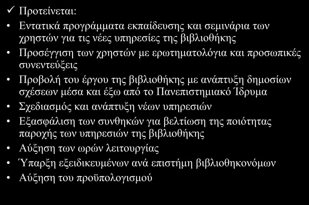 Λύζειρ - Πποηάζειρ Πξνηείλεηαη: Δληαηηθά πξνγξάκκαηα εθπαίδεπζεο θαη ζεκηλάξηα ησλ ρξεζηψλ γηα ηηο λέεο ππεξεζίεο ηεο βηβιηνζήθεο Πξνζέγγηζε ησλ ρξεζηψλ κε εξσηεκαηνιφγηα θαη πξνζσπηθέο ζπλεληεχμεηο