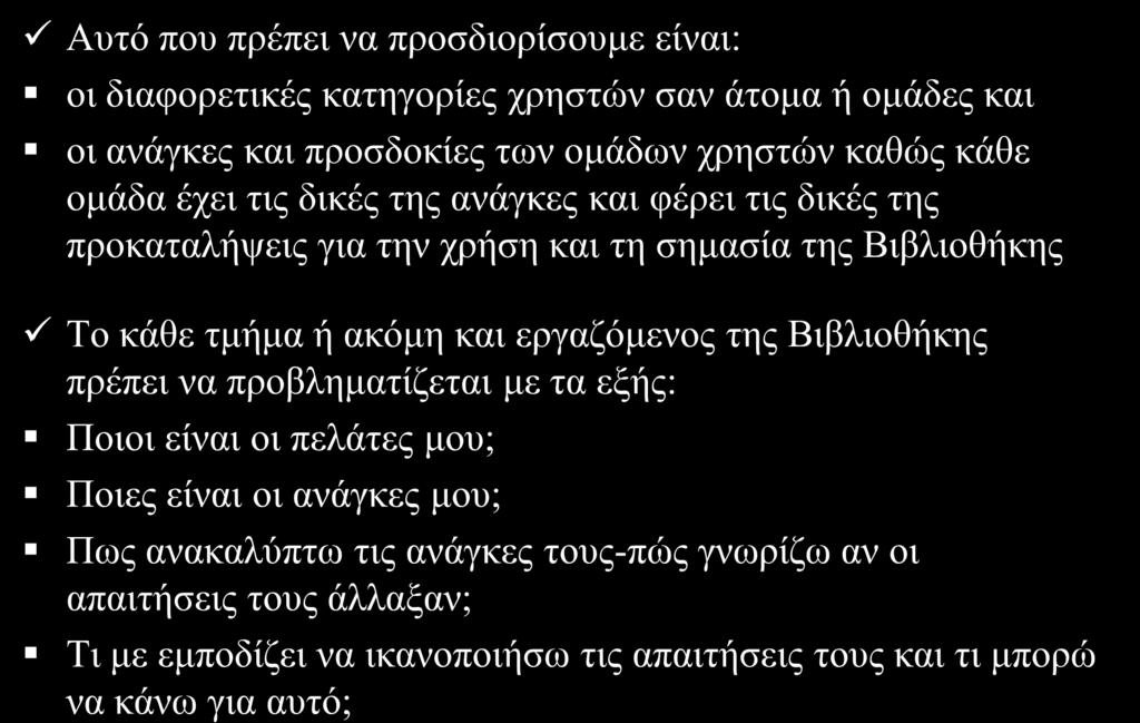 Υπήζηερ Βιβλιοθήκη Απηφ πνπ πξέπεη λα πξνζδηνξίζνπκε είλαη: νη δηαθνξεηηθέο θαηεγνξίεο ρξεζηψλ ζαλ άηνκα ή νκάδεο θαη νη αλάγθεο θαη πξνζδνθίεο ησλ νκάδσλ ρξεζηψλ θαζψο θάζε νκάδα έρεη ηηο δηθέο ηεο