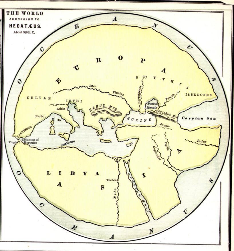Εικόνα 3: Ο χάρτης του γεωγράφου Εκαταίου, ο οποίος περιλαμβάνει τμήμα της βορείου Αφρικής, της Ασίας και της Ευρώπης. Πηγή: http://www.mappery.