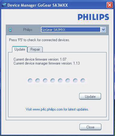 14 Ενημέρωση του υλικολογισμικού μέσω του Philips Device Manager 3 Συνδέστε το TAP4.3 στον υπολογιστή σας. Αφού συνδεθεί η συσκευή, στο πλαίσιο κειμένου θα εμφανιστεί η ένδειξη "SA4TP4XX".