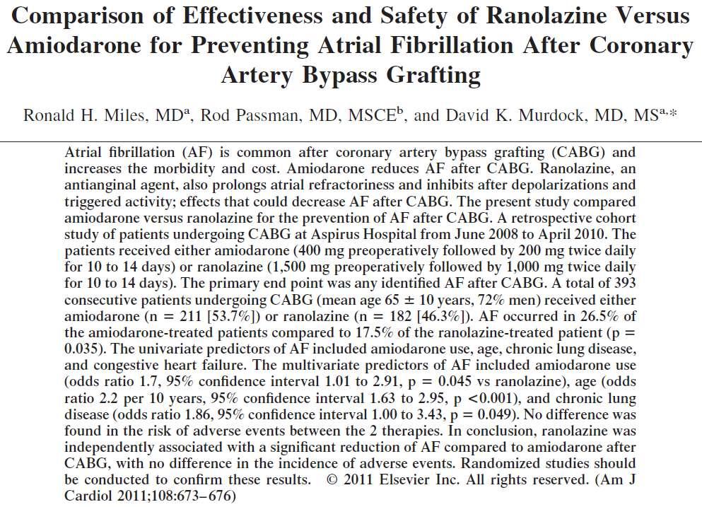 AF in 26.5% pts. with amiodarone vs. 17.5% with ranolazine (p=0.035).