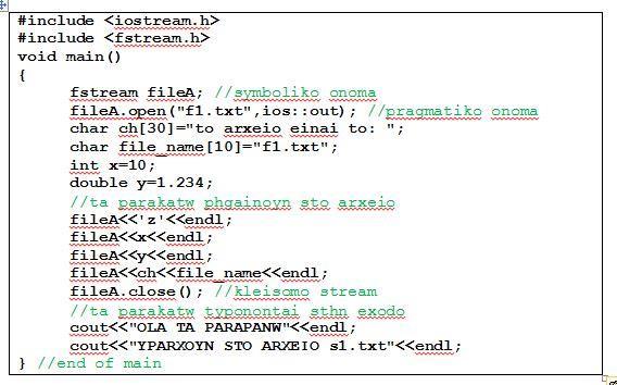 IFSTREAM OFSTREAM Εγγραφή σε αρχείο Για να γράψω πληροφορία σε ένα αρχείο χρησιμοποιώ τη δήλωση: ofstream συμβολικό_όνομα( όνομα_αρχείου.