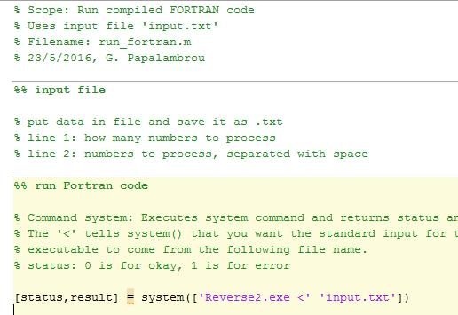 Διασύνδεση FRTRN με MATLAB αρχείο δεδομένων εισόδου (αρχείο input.txt) MATLAB script run_fortran.