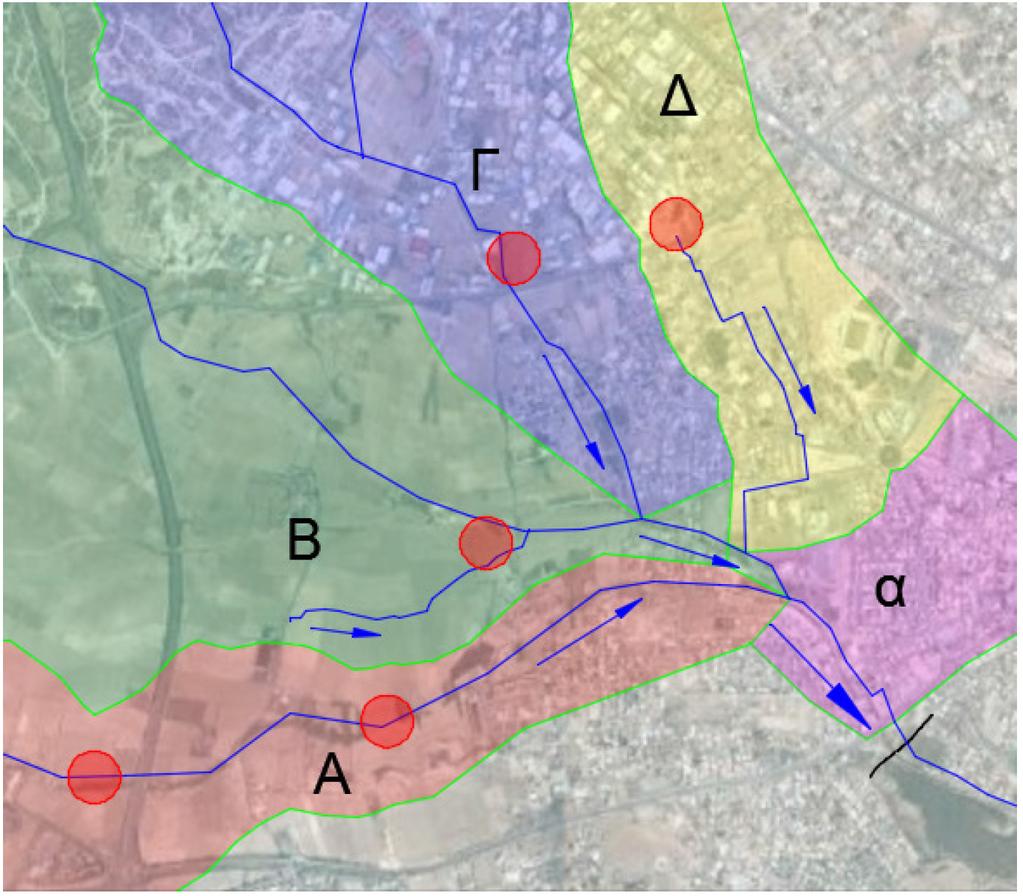 θέση ΛΑ2, ανάντη της οικιστικής ζώνης, εντός της γεωργικής ζώνης (κατάντη της πιο πάνω θέση). Σχήμα 4-1 Εναλλακτικές Θέσεις Δεξαμενών Κατακράτησης 4.3.2. Ροή κατάντη των δεξαμενών Ανάλογα με τη θέση και μέγεθος της δεξαμενής και του χρόνου κατακράτησης είναι και η ροή κατάντη κάθε δεξαμενής.