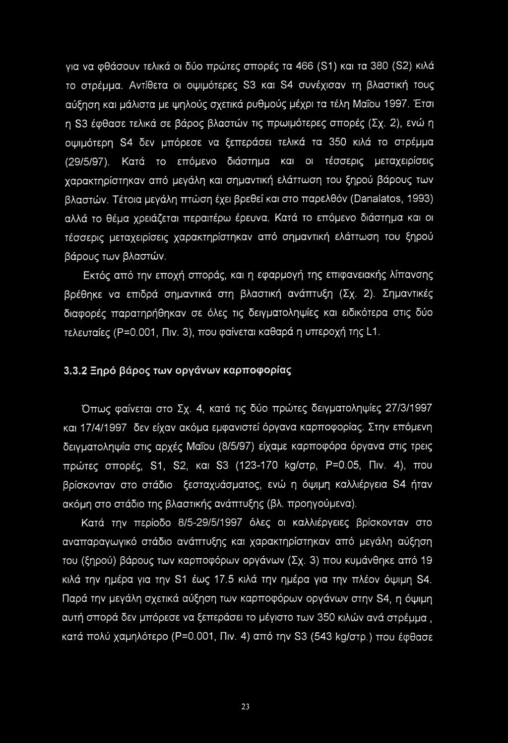 2), ενώ η οψιμότερη S4 δεν μπόρεσε να ξεπεράσει τελικά τα 350 κιλά το στρέμμα (29/5/97).