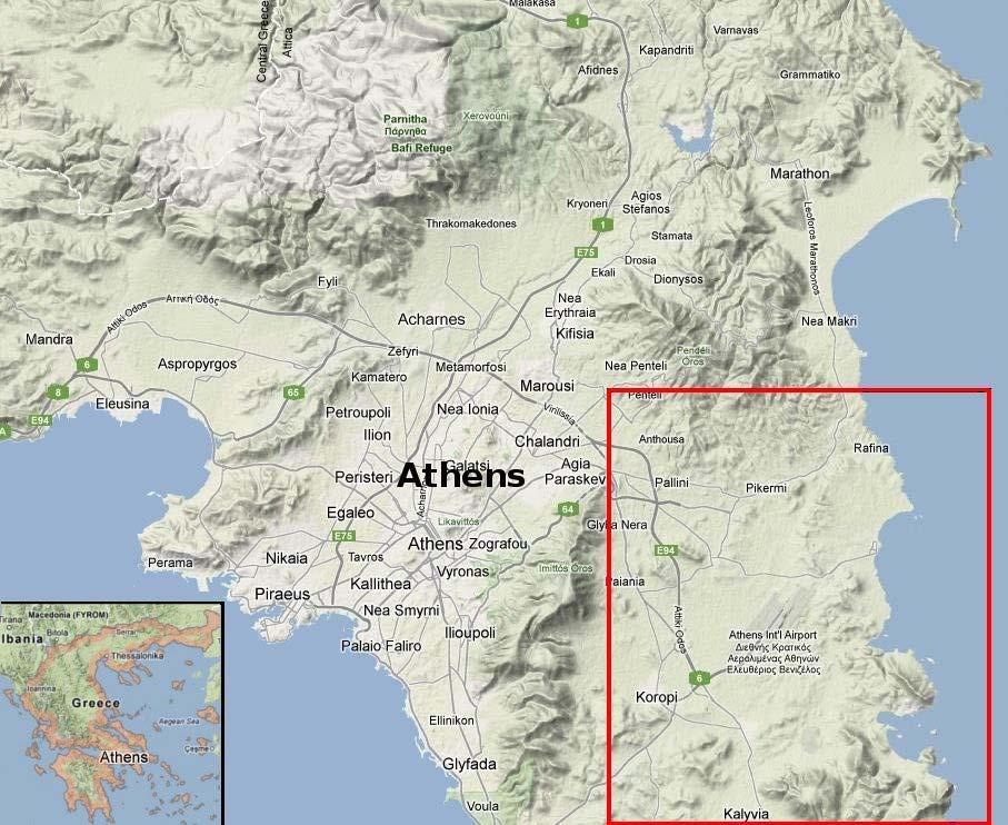 Η πεδιάδα των Μεσογείων βρίσκεται στα ανατολικά του Υµηττού (Σχήµα 1) και οριοθετείται προς τα βόρεια από τους πρόποδες της Πεντέλης, στα ανατολικά από τη θάλασσα και στα νότια από τα βουνά του