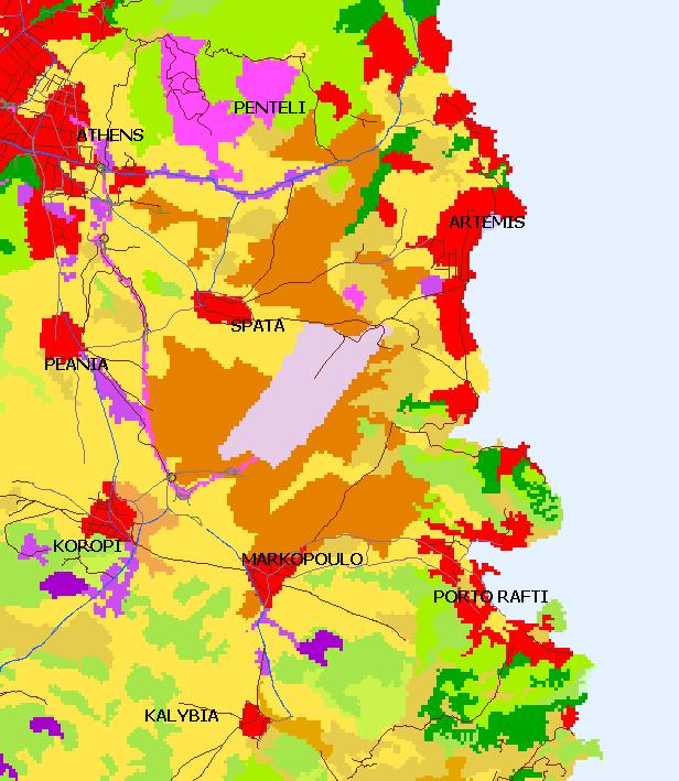 Σχήµα 3: Χρήσεις γης (µε κόκκινο ο αστικό ιστός) και µεταφορικό δίκτυο περιοχής µελέτης σύµφωνα µε CORINE 1990 (αριστερά) και 2000 (δεξιά).
