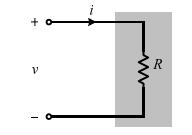 Sipas konvencionit pasiv te shenjave, nese rryma rrjedh nga nje potencial më i lartë drejt nje potenciali më të ulët i>0, ligji Ohmit eshte v = Ri.