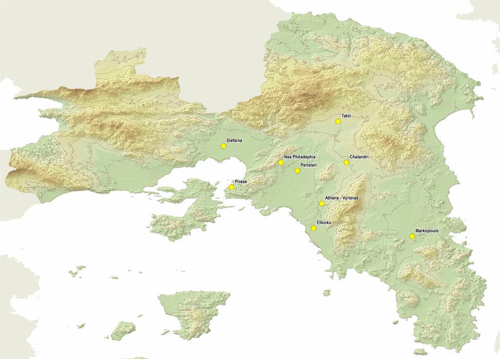 Marathona Σχήµα 2. Μετεωρολογικοί σταθµοί στην περιοχή της Αττικής Η συµπλήρωση και επέκταση των δεδοµένων έγινε σε µηνιαία κλίµακα.