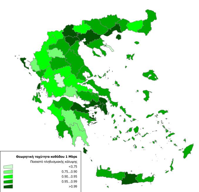Σχέδιο 6: Πληθυσμιακή κάλυψη με θεωρητική ταχύτητα καθόδου τουλάχιστον 1 Mbps Χρήσιμα επίσης είναι τα ακόλουθα στατιστικά στοιχεία για τη Δυτική Μακεδονία (δεν διατίθενται διακριτά στοιχεία για την