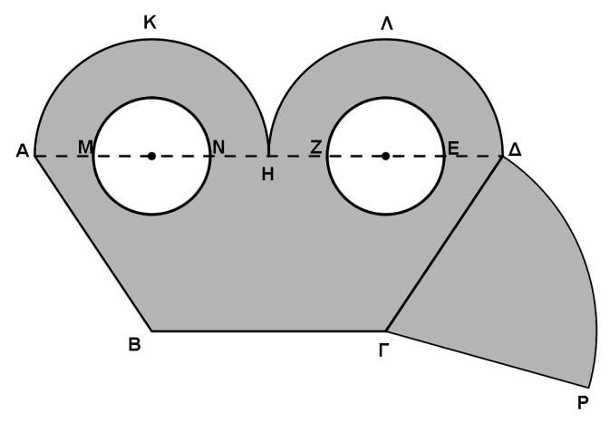 4. Στο διπλανό σχήμα δίνεται: ΑΒΓΔ ισοσκελές τραπέζιο με ΑΒ=ΔΓ=5 cm ΑΚΗ και ΗΛΔ ημικύκλια ΑΜ=ΝΗ=ΗΖ=ΕΔ=2 cm, ΜΝ=ΖΕ=4