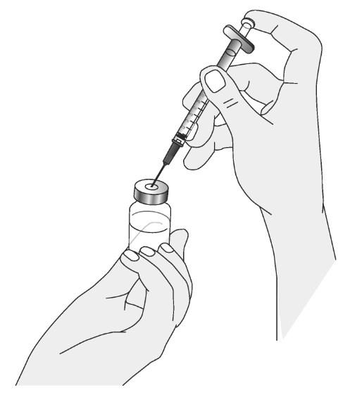 Ak v striekačke uvidíte bubliny, odstráňte ich podľa pokynov zdravotníckeho pracovníka alebo lekárnika. 7. Overte si, či je v striekačke 1,0 ml vody, potom ihlu vyberte z liekovky.