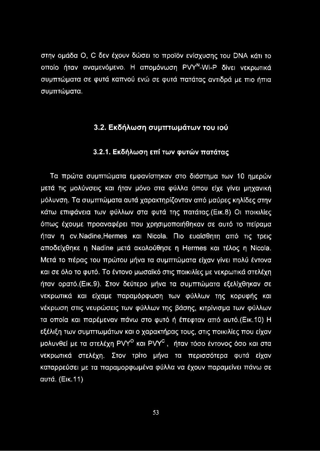 Εκδήλωση επί των φυτών πατάτας Τα πρώτα συμπτώματα εμφανίστηκαν στο διάστημα των 10 ημερών μετά τις μολύνσεις και ήταν μόνο στα φύλλα όπου είχε γίνει μηχανική μόλυνση.