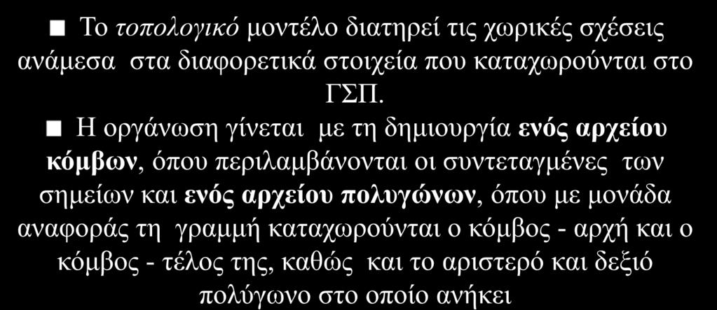 Το τοπολογικό μοντέλο Το τοπολογικό μοντέλο διατηρεί τις χωρικές σχέσεις ανάμεσα στα διαφορετικά στοιχεία που καταχωρούνται στο ΓΣΠ.