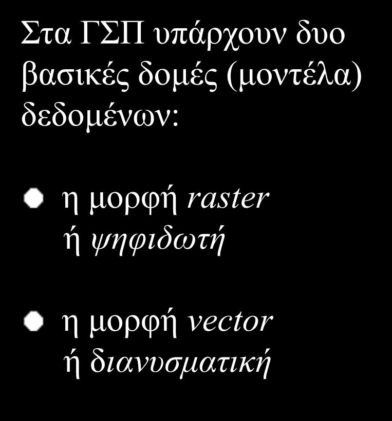 Μοντέλα χωρικών δεδομένων Στα ΓΣΠ υπάρχουν δυο