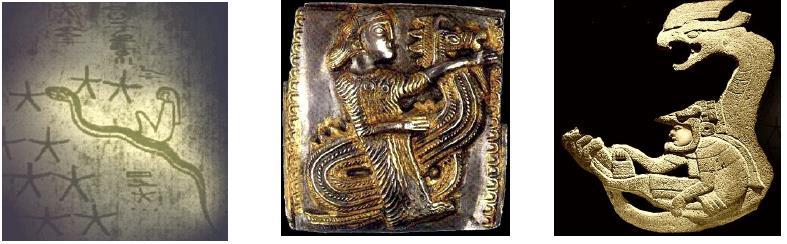 Pe pereţii templului zeiţei Hathor din Dendera sînt trei basoreliefuri care prezintă în partea dreaptă cum dintr-o floare de lotus iese un fel de ou foarte alungit ce are în interior un şarpe, acesta