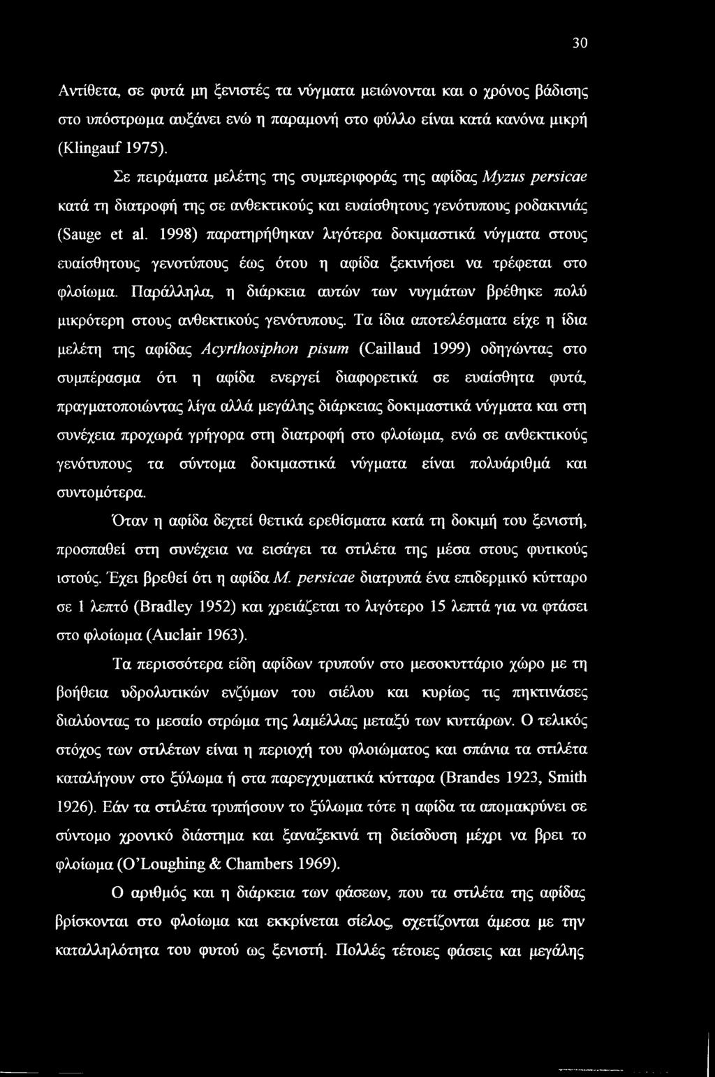 30 Αντίθετα, σε φυτά μη ξενιστές τα νύγματα μειώνονται και ο χρόνος βάδισης στο υπόστρωμα αυξάνει ενώ η παραμονή στο φύλλο είναι κατά κανόνα μικρή (Klingauf 1975).