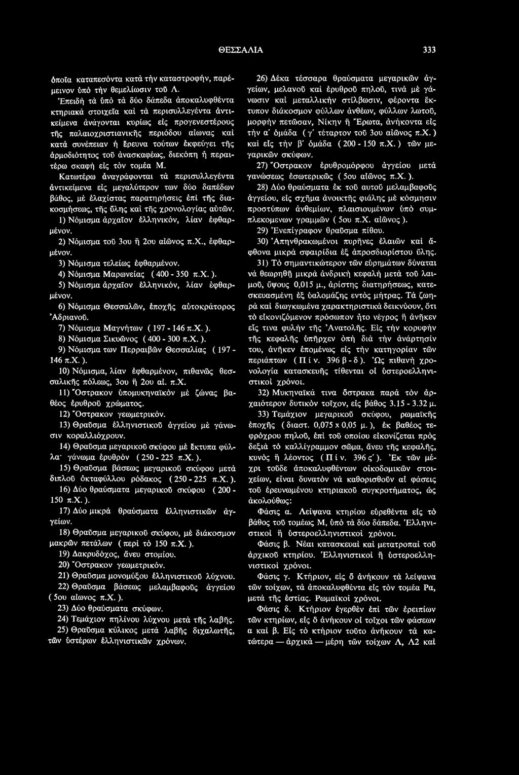 1) Νόμισμα άρχαϊον έλληνικόν, λίαν έφθαρμένον. 2) Νόμισμα τοΰ 3ου ή 2ου αίώνος π.χ., έφθαρμένον. 3) Νόμισμα τελείως έφθαρμένον. 4) Νόμισμα Μαρωνείας (400-350 π.χ.). 5) Νόμισμα άρχαϊον έλληνικόν, λίαν έφθαρμένον.