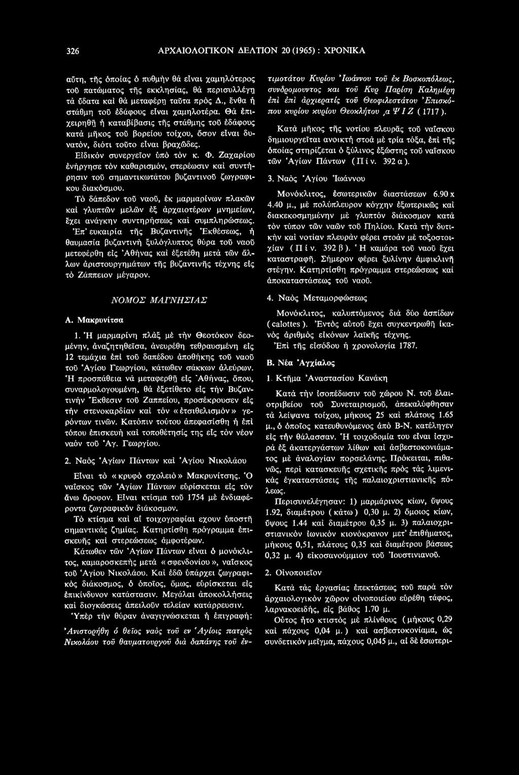 Έπ ευκαιρία τής Βυζαντινής Έκθέσεως, ή θαυμασία βυζαντινή ξυλόγλυπτος θύρα τοΰ ναοΰ μετεφέρθη είς Αθήνας καί έξετέθη μετά τών άλλων άριστουργημάτων τής βυζαντινής τέχνης είς τό Ζάππειον μέγαρον. Α. Μακρυνίτσα ΝΟΜΟΣ ΜΑΓΝΗΣΙΑΣ 1.