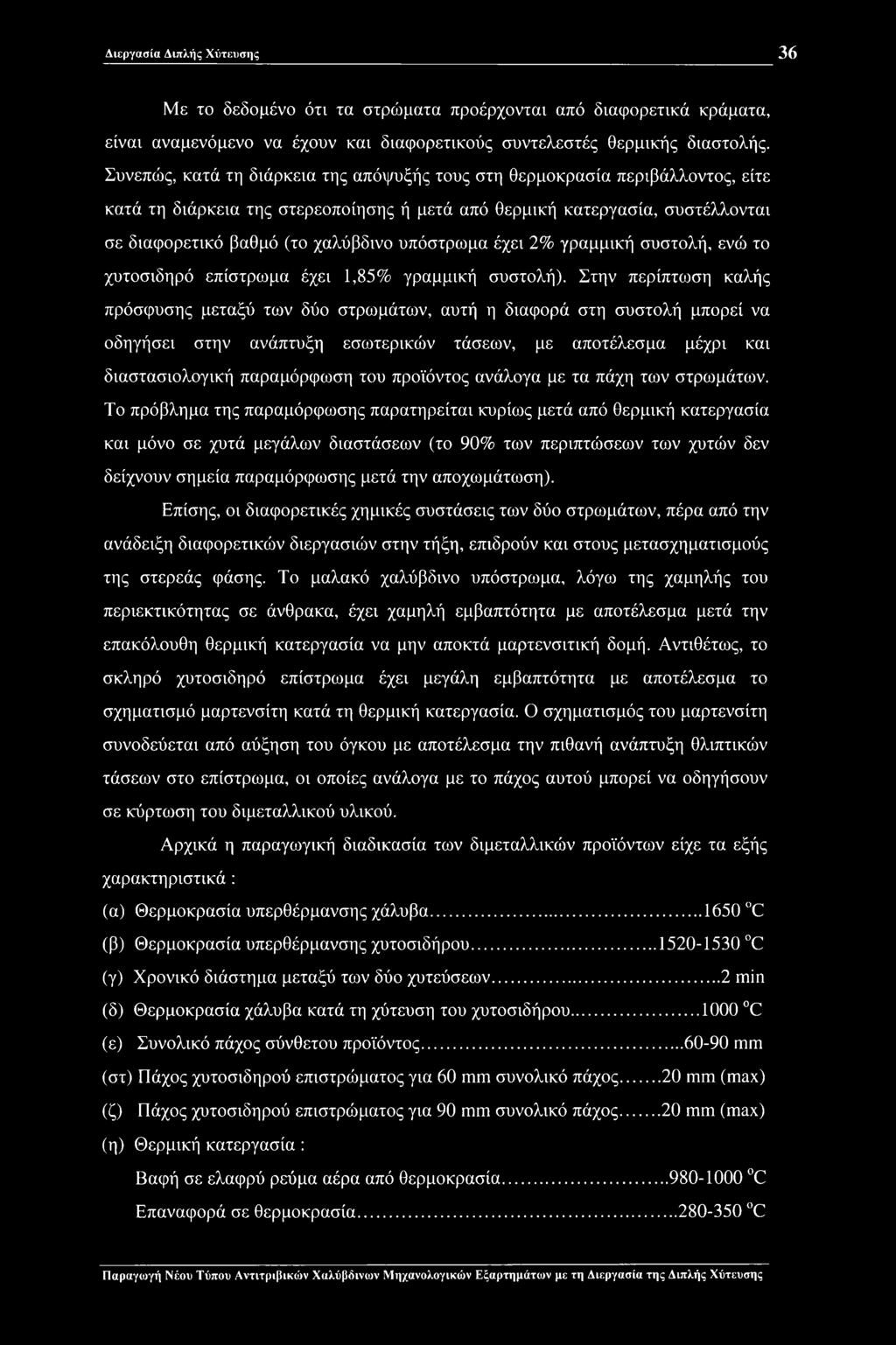 υπόστρωμα έχει 2% γραμμική συστολή, ενώ το χυτοσίδηρό επίστρωμα έχει 1,85% γραμμική συστολή).