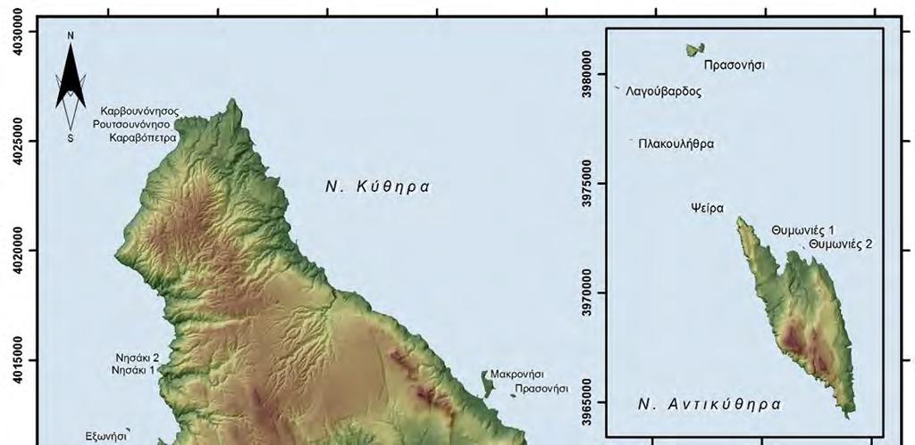 Χάρτης 3.1.1.1. Ψηφιακό μοντέλου αναγλύφου. Το ανάγλυφο περιφερειακά του νησιού παρουσιάζει εντελώς διαφορετική εικόνα, αφού μπορεί να περιγραφεί ως απότομο και τραχύ.