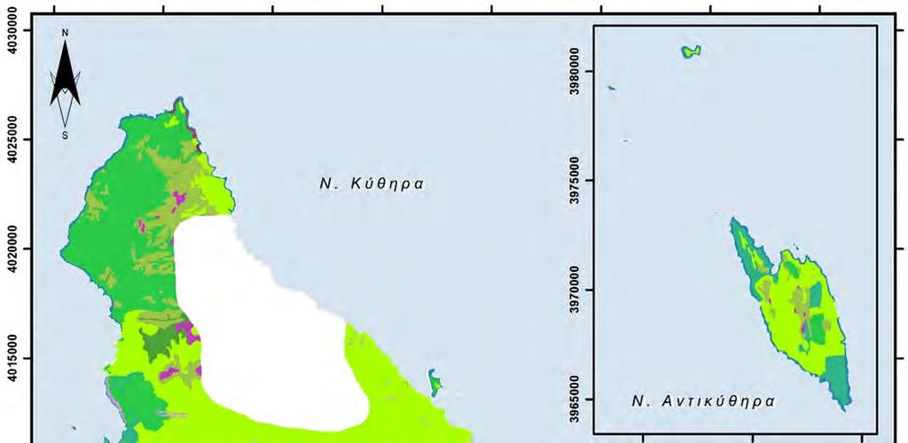 Χάρτης 3.7.1. Οι Τύποι Οικότοπων της Οδηγίας 92/43 EK στις νήσους Κυθήρων και Αντικυθήρων.