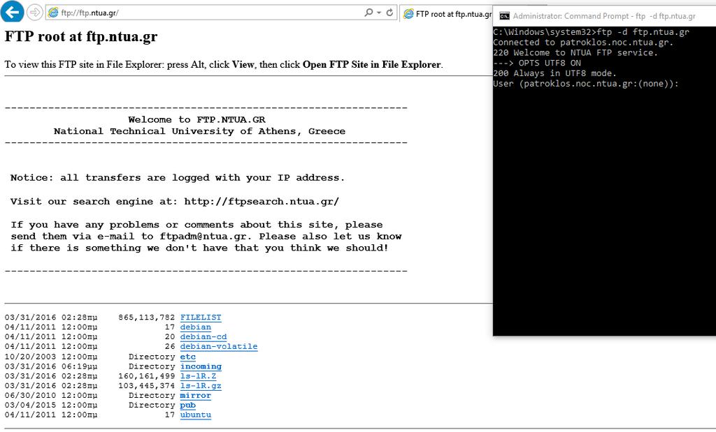 FTP Οδηγίες χρήσης Για να πλοηγηθούμε σε έναν FTP server μέσω ενός πλοηγού διαδικτύου, εισάγουμε στην μπάρα διευθύνσεων την διεύθυνση του FTP server, π.χ. ftp://ftp.ntua.