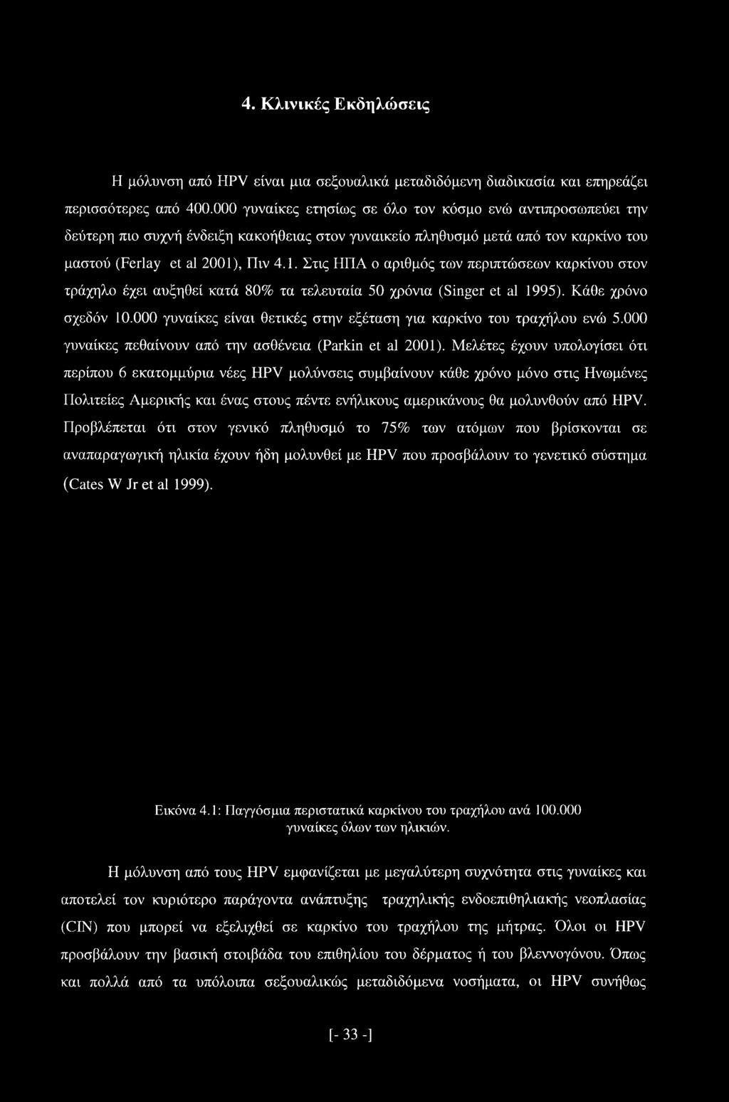 , Πιν 4.1. Στις ΗΠΑ ο αριθμός των περιπτώσεων καρκίνου στον τράχηλο έχει αυξηθεί κατά 80% τα τελευταία 50 χρόνια (Singer et al 1995). Κάθε χρόνο σχεδόν 10.