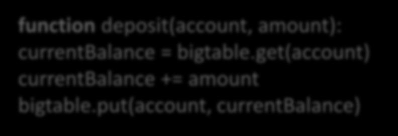 Key Value john $300 george $600 michael $9000 ΑΣΚΘΣΘ 1 (2/2) function deposit(account, amount): currentbalance = bigtable.get(account) currentbalance += amount bigtable.put(account, currentbalance) 1.