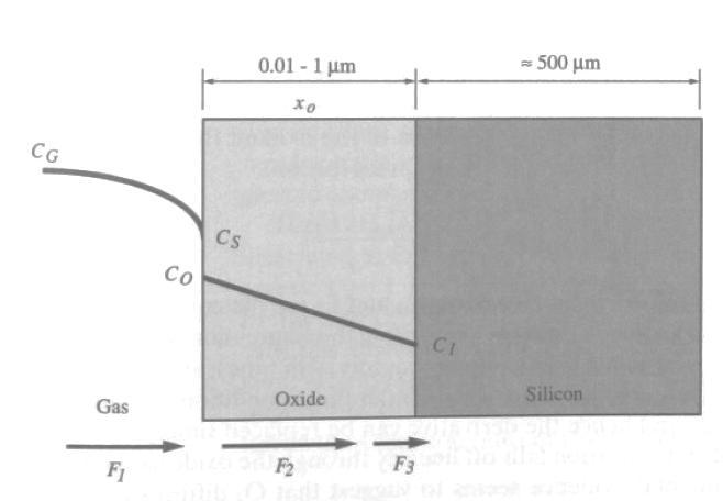 Σχήμα 1.20. Οι ροές του οξειδωτικού από την αέρια φάση στην επιφάνεια του πυριτίου κατά την οξείδωση. Η έντονη γραμμή αναπαριστά τη συγκέντρωση Ο2 ή Η2Ο.