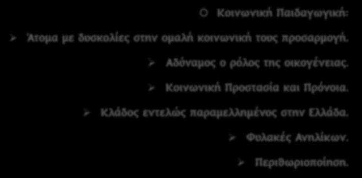 ΕΦΑΡΜΟΓΕΣ ΤΗΣ ΠΑΙΔΑΓΩΓΙΚΗΣ ΣΤΗΝ ΠΡΑΞΗ / ΚΛΑΔΟΙ [5] Κοινωνική Παιδαγωγική: Άτομα με δυσκολίες στην ομαλή κοινωνική τους προσαρμογή.