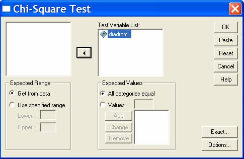 Στο αριστερό πεδίο του πλαισίου διαλόγου «Chi-Square Test» περιλαμβάνονται οι μεταβλητές του αρχείου (π.χ. η μεταβλητή diadromi).