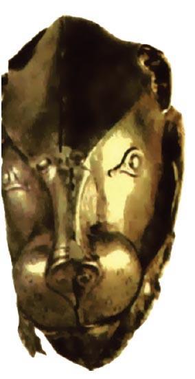 την Κνωσό. Εκτόπισαν από το Αιγαίο τους Κρήτες και Χρυσό τελετουργικό σκεύος σε σχήμα κεφαλής λιονταριού (16ος αι. π.χ.) από βασιλικό τάφο του ταφικού περιβόλου Α των Μυκηνών. (Αθήνα, Εθνικό Αρχαιολ.