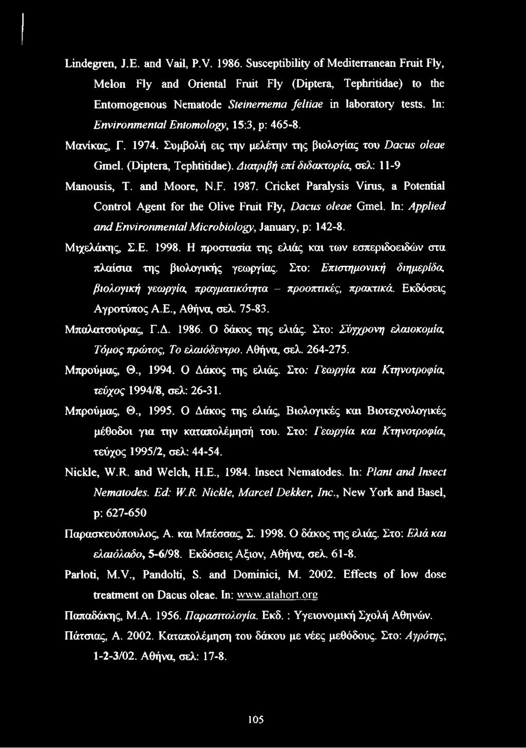 In: Environmental Entomology, 15:3, p: 465-8. Μανίκας, Γ. 1974. Συμβολή εις την μελέτην της βιολογίας του Dacus oleae Gmel. (Diptera, Tephtitidae). Διατριβή επί διδακτορία, σελ: 11-9 Manousis, Τ.