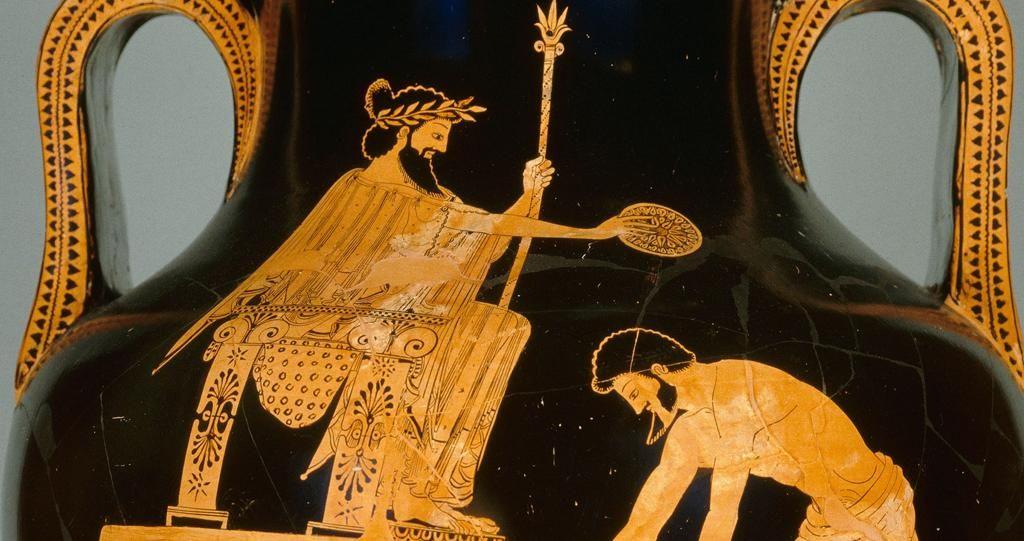 Behind him stands his successor, Xerxes, who also holds a flower